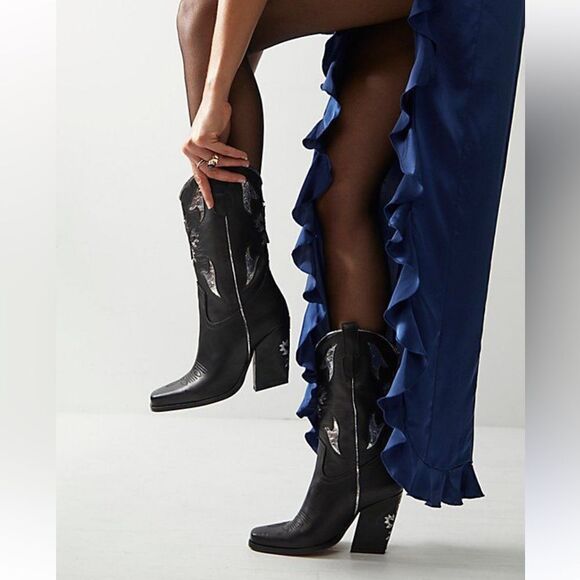 Free People Sz 10 Sparks Fly Western boots black silver leather cowboy cowgirl - Picture 7 of 13